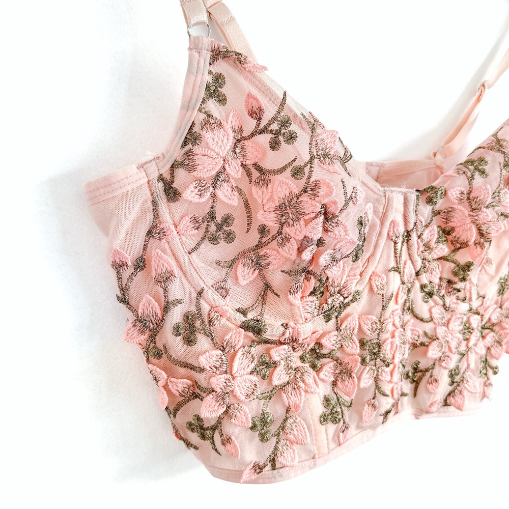Floral Embroidered Pink Crop Bustier Top - Size Large - Picture 2 of 4